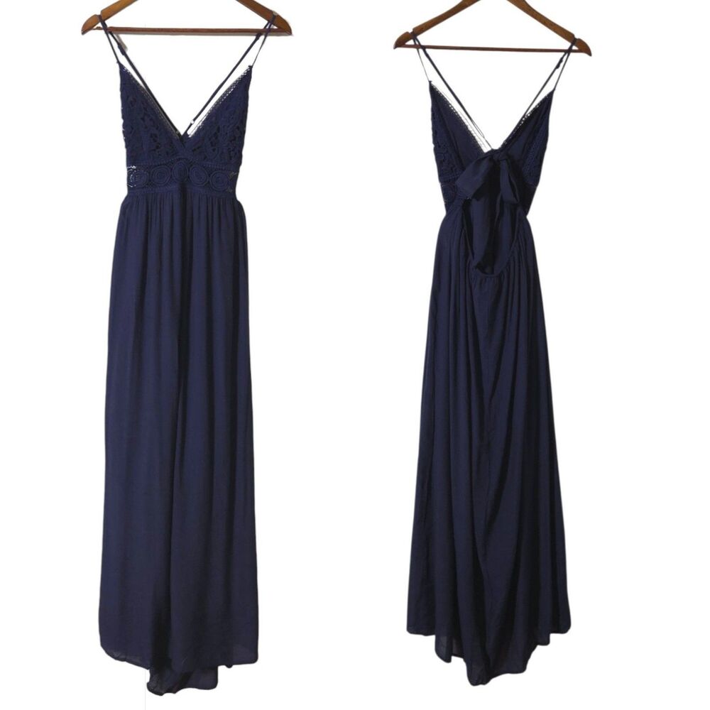 Crochet Neck Maxi Dress Blue Women’s M Ribbon Tie Back Boho Chic Beach